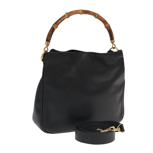 GUCCI Bamboo Hand Bag Leather 2way Black Gold Auth - Picture 1 of 16